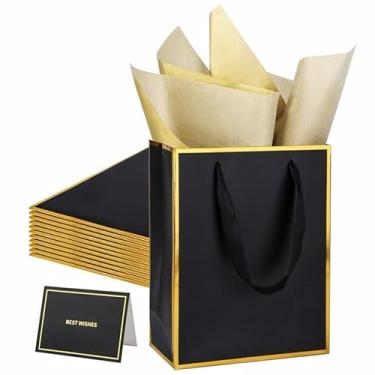 Imagem de UoeRing Pacote com 12 sacos de presente de agradecimento com alças 24 x 19 x 9,5 cm, sacos de presente de aniversário médios com papel de seda e cartão para casamento, madrinha, feriados, chá de bebê