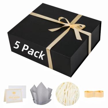 Imagem de Pacote com 5 caixas de presente pretas extragrandes 43 x 36,8 x 15 cm, caixa de presente luxuosa para presente com tampa de fechamento magnético, dobrável, aniversário, Natal, contém cartão, fita