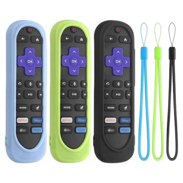 Imagem de Capa de silicone para controle remoto Roku TV, capa de silicone compatível com a maioria dos controles remotos Roku Voice, lavável à prova de choque, capa Roku Rmote com cordão (verde claro + azul