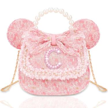 Imagem de Kejea Bolsa infantil para presentes infantis – Carteira infantil de princesa, bolsa transversal com flores de pérolas, bolsas de ombro fofas com inicial, rosa, C