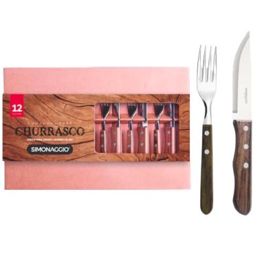 Imagem de Kit Churrasco Jogo de Talheres Jumbo com Cabo de Madeira 12 peças Simonaggio Serve 6 Pessoas