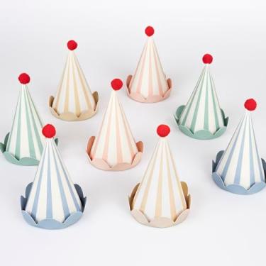 Imagem de Meri Meri Chapéus de festa pastel listrados – Pacote com 8 chapéus de cone de papel com pompons vermelhos e bordas recortadas em 4 cores – Perfeito para aniversários, chás de bebê e festas infantis