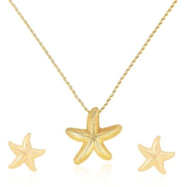 Imagem de Colar e Brincos Estrela Mar, Banhado a Ouro 18K Colar Elegante Pendente Praia Verão e Brincos Estrela do Mar Dourados Joias Delicadas Verão Presente para Mulheres Amigas Esposas