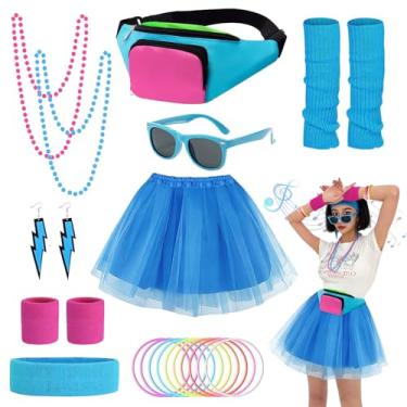 Imagem de wocharm Acessórios de fantasia dos anos 80 para mulheres, pochete dos anos 80, saia tutu feminina neon polainas faixa de cabeça para cosplay festa temática retrô (azul)