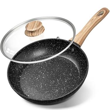 Imagem de Frigideira de 20 cm com tampa, frigideira de pedra antiaderente com alça de Bakelite, granito antiaderente derivado de pedra pequena frigideira, frigideira antiaderente de pedra preta com tampa - 20,3 cm