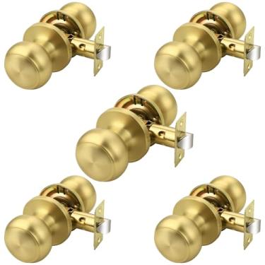 Imagem de Probrico Maçanetas de porta de latão escovado para armário de corredor, maçaneta interna com esfera redonda, maçaneta de porta de passagem dourada, pacote com 5