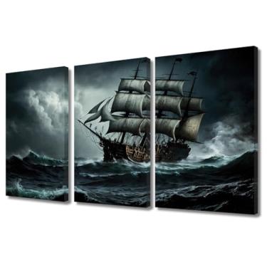 Imagem de Arte de parede em tela náutica de veleiro navio velho vela em mar tempestuoso arte de parede para sala de estar imagens de navio pirata para quarto decoração de casa moderna escritório banheiro arte