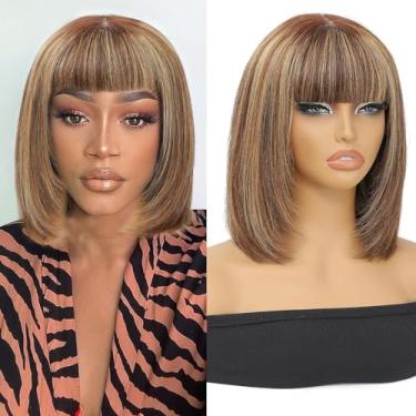 Imagem de Civrie Peruca de cabelo humano sem cola em camadas, 10/27, 25 cm, peruca bob lisa com franja para uso diário, perucas de cabelo humano de 6 x 2,5 cm, perucas de cabelo humano de densidade 180 para