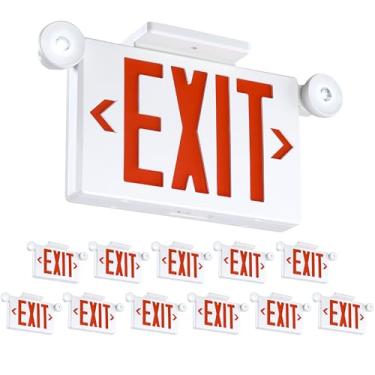 Imagem de Gruenlich Sinais de saída com luzes de emergência, 2 cabeças de LED ajustáveis com bateria reserva, 94V-0 resistente ao fogo, AC 120/277V, combo de luzes de emergência comerciais com fio para empresas