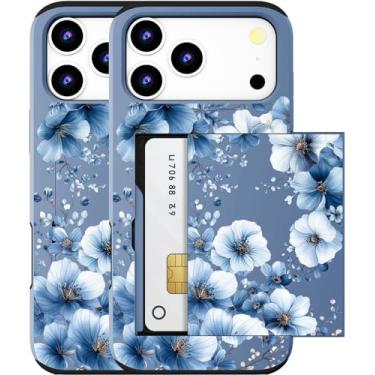 Imagem de MUQR Capa para celular 17 Pro Max compatível com porta-cartão fofo - Capa tipo carteira robusta com design Kawaii, proteção contra quedas de grau militar (flores retrô elegantes azuis)