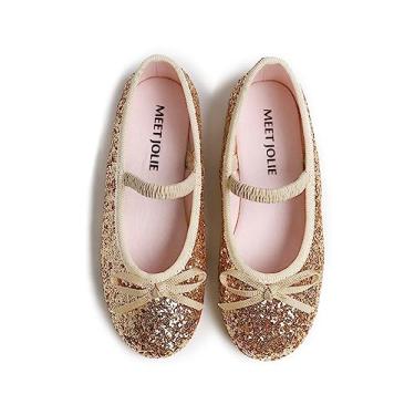 Imagem de MEET JOLIE Sapatilhas Mary Jane Mary Jane para meninas, casuais, com fivela e tira, Glitter dourado, 16
