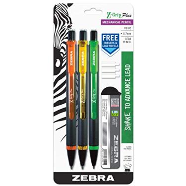 Imagem de Zebra Pen Lapiseira Z-Grip Plus, 0,7 mm, com grafite e borrachas, cores sortidas, laranja, amarelo, verde, pacote com 3 (55703)
