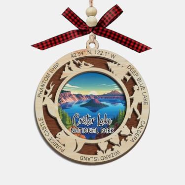 Imagem de Enfeite de Natal do Parque Nacional do Lago Crater, design de corte a laser de madeira de 2 camadas, decoração de árvore de férias, presente de lembrança de viagem, memória de lago azul profundo e