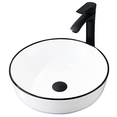 Imagem de Combo de pia e torneira de cuba redonda - VASOYO 40,64 cm x 40,64 cm Pia de banheiro de porcelana cerâmica para vaso de banheiro com acabamento preto, torneira e ralo de encaixar