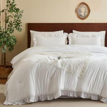 Imagem de MR&HM Conjunto de edredom king size, 7 peças, microfibra lavada macia, roupa de cama chique gasto, cama em uma bolsa, conjunto de cama vintage com edredom e lençóis, fronhas e fronhas, branco