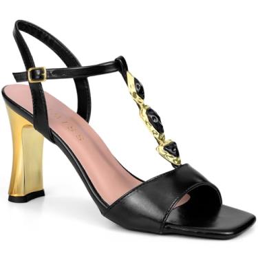 Imagem de Sandália Feminina Lumiss Salto Alto Bloco Metalizado Dourado Pedras Fivela Blogueira preto38