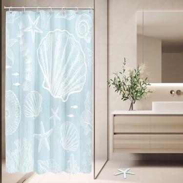 Imagem de AMBZEK Cortina de chuveiro Beachy Seashell 91 cm L x 182 cm pequena barraca estreita rústica oceano náutico prancha de madeira praia estrela do mar tecido tecido impermeável poliéster decoração de