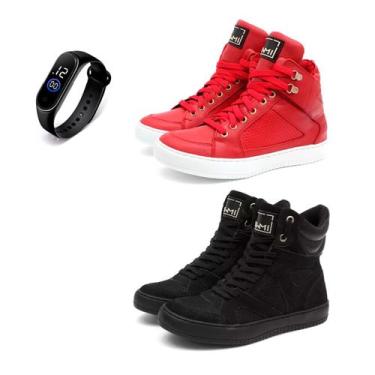 Imagem de Kit 2 Tênis Sneaker Fitness Feminino Botinha Academia + Relógio - Bawm