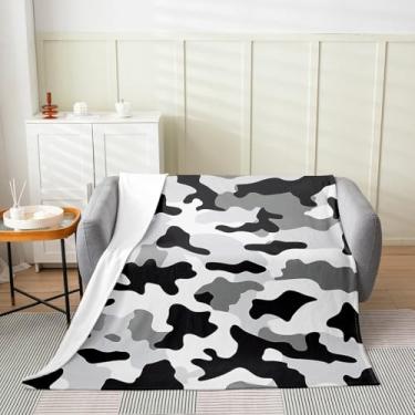 Imagem de Cobertor de flanela camuflado cinza preto branco tamanho da manta, supermacio, aconchegante, exército, camuflado, cobertor de camuflagem de microfibra leve para sofá, cama, 127 x 152 cm