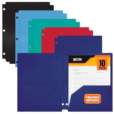 Imagem de Pastas de bolso com 3 orifícios, pacote com 10, pastas de plástico resistente com 2 bolsos, cores sortidas, tamanho de letra, pastas de encaixe com espaço para cartão de visita, da Better Office Products, pacote com 10