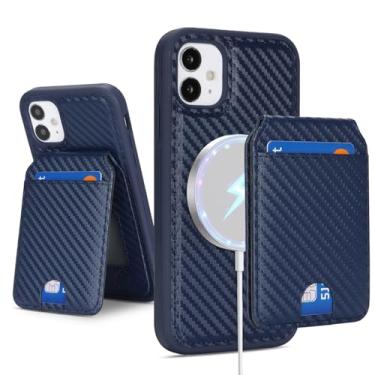 Imagem de Havaya Capa carteira compatível com MagSafe para iPhone 11 - Capa magnética destacável 2 em 1, fibra de carbono texturizada, com compartimentos para cartões e carregamento sem fio - azul cobalto