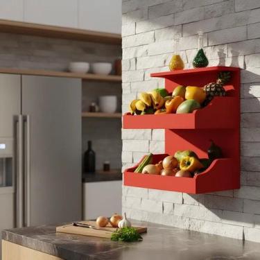 Imagem de Fruteira Suspensa de Parede com Painel Porta Legumes Cozinha em Madeir