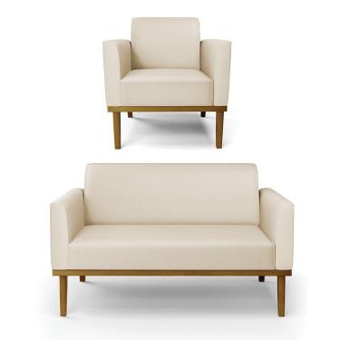 Imagem de Sofá Namoradeira Com Poltrona Base De Madeira Fixa Castanho Marisa Corino D03 - D?rossi Cor Bege