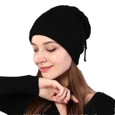 Imagem de Gorro feminino de malha elástica sólido cachecol quente para inverno, Preto, tamanho �nico