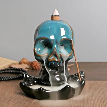 Imagem de NVKIC Queimador de incenso de cerâmica Backflow para cones de incenso criativo em forma de crânio, suporte de incenso em forma de crânio, presente de mediação, decoração de casa, caveira azul