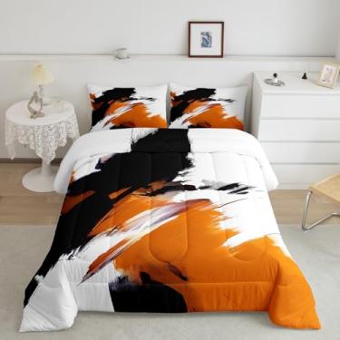 Imagem de jejeloiu Conjunto de edredom Queen com estampa geométrica abstrata e branca, laranja, preto, branco, para meninos, meninas, adolescentes, moderno, minimalista, respirável, macio, leve, microfibra