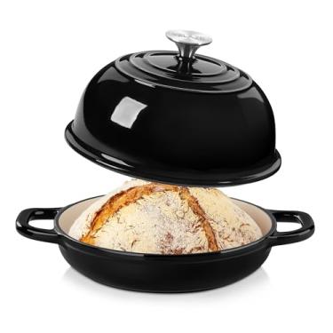 Imagem de Forno holandês de ferro fundido esmaltado para assar pão, panela redonda de 5 litros com tampa de cúpula para fermento, assar, refogar (preto)