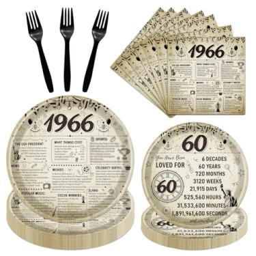 Imagem de Elomy Pratos e guardanapos de aniversário de 60 anos, decorações de festa para mulheres e homens, decoração de papel descartável de 60 anos vintage de 1966, garfos temáticos de 60 anos, suprimentos de
