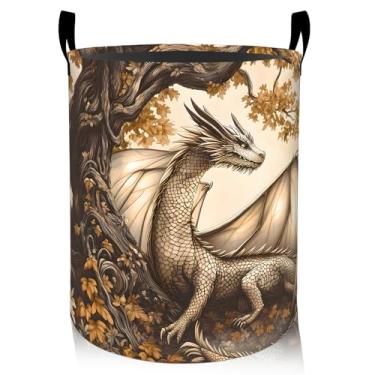 Imagem de ainori Cesta de roupa suja de dragão de outono, pano Oxford, fantasia mítica, cesto dobrável para decoração de quarto, presente com estampa de floresta de outono, organizador de brinquedos 19,7 x 15,8