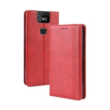 Imagem de Capa para Asus Zenfone 6 ZS630KL,Retro Flip magnético,Caso de telefone de couro PU,Design de carteira com 3 slots de cartão e 1 clipe de dinheiro -Red