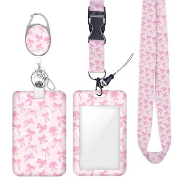 Imagem de Cordão de crachá de identificação com laço rosa para crachás de identificação, chaveiro protetor vertical, clipes de mosquetão retráteis, cordão de chave resistente para mulheres, meninas, arquitetas