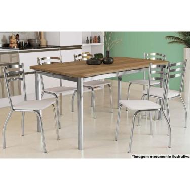 Imagem de Mesa de Sala Jantar Reno c/ Tampo Madeira 160cm + 6 Cadeiras Portugal Cromada - Assento Branco 106 - Kappesberg