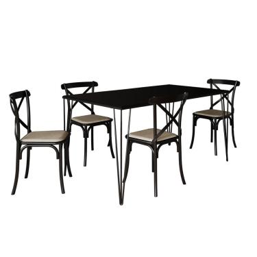 Imagem de Conjunto De Mesa Elen Retangular Tampo De Madeira 140X80Cm Preto Com 4 Cadeiras Katrina Preto