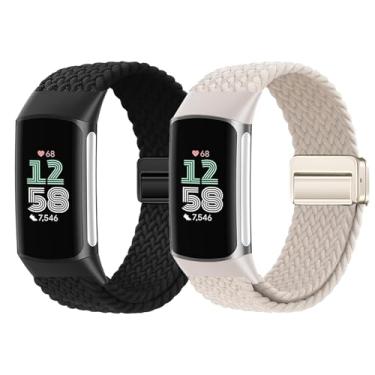 Imagem de LeyuBand Pacote com 2 pulseiras magnéticas de nylon trançado compatíveis com Fitbit Charge 5/Fitbit Charge 6 para mulheres e homens