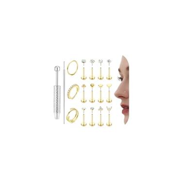 Imagem de THUNARAZ Anéis de nariz preenchidos com ouro 14K para mulheres, aço cirúrgico, sem rosca, brincos de pressão nas costas planas, hipoalergênicos, argolas, cartilagem, tragus, concha, lábio, hélice