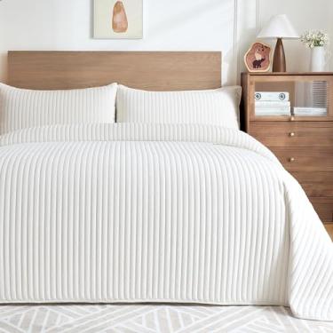 Imagem de ROMROL Conjunto de colcha de veludo de luxo, tamanho king, 3 peças, macio, aconchegante, listrado, conjunto de edredom com 2 fronhas, colcha leve para todas as estações (branco creme, 244 x 274 cm)