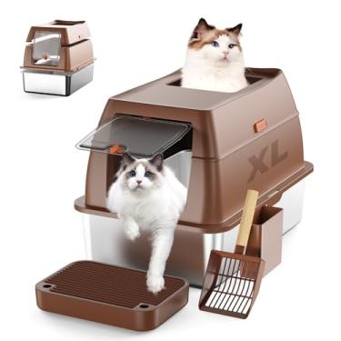 Imagem de RUBLELITIE Caixa de areia para gatos de aço inoxidável com tampa extra grande aberta dupla entrada bandeja de metal fechada com pedais altos colher antiaderente anti-vazamento fácil limpeza para gatos