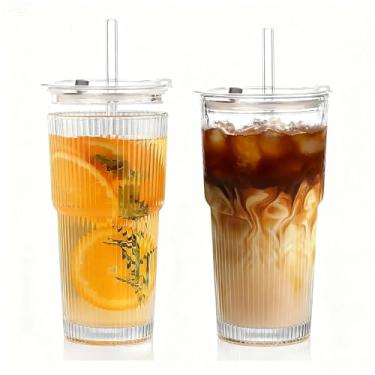 Imagem de TAJZYX Copos de vidro com nervuras de 540 ml com tampas e canudos, 2 peças de xícaras de café gelado reutilizáveis, copo de vidro com nervuras, ideal para café, vitaminas e sucos - pode ser lavado na