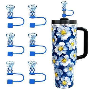 Imagem de JIASHEBDE Conjunto de topo de palha de diamante para Stanley Cup 850 g 1,134 g, tampas de strass brilhantes, capas de silicone reutilizáveis à prova de poeira para presentes femininos (6 peças azul