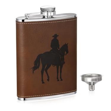 Imagem de Cantil de couro estilo cowboy – Frasco de aço inoxidável de 227 g com gravação ocidental e envoltório de couro PU, frasco de bolso à prova de vazamento para uísque, bourbon, presentes para homens
