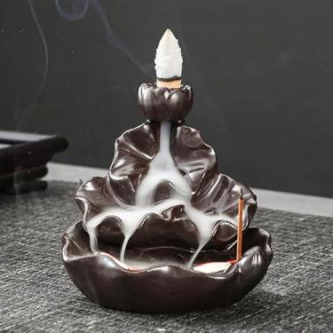 Imagem de Queimador de incenso de refluxo de cerâmica, decoração criativa para casa, queimador de incenso de refluxo em forma de peixe artesanal, aproveite o aroma de sândalo (C-4 Lotus Leaf Brown)