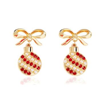 Imagem de LKingel Brincos de Natal para mulheres, strass, pérola, laço, lâmpadas, brincos com pingente, suéter de Natal, caixa de fita, brinco, decorações de Natal, presentes para mulheres, Large, Metal, Sem