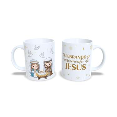 Imagem de Caneca de Cerâmica Branca 325ml, Tema Natal Sagrada Família, com Estrelas Douradas e Presépio (23174)