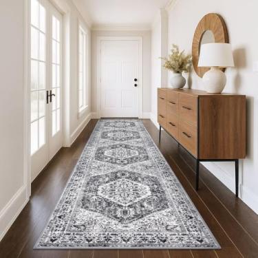 Imagem de KOZYFLY Corredores para corredores 8 x 3 m extra longo lavável corredor de cozinha boho tapete para entrada interior impresso lã sintética escada corredor tapete para escadas cozinha hall, cinza