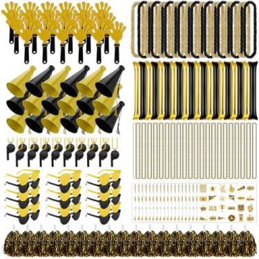 Imagem de Soulchen 540 peças de acessórios de espírito de equipe escolar dourado preto sortido dia do time palitos de trovão apito de palmas de mão megafone líder de torcida pom pom óculos colar glitter adesivo