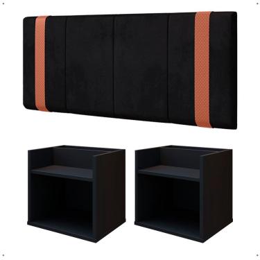 Imagem de Kit Quarto Casal 2 Mesas Cabeceira Suspensa Madri Divisória Superior Preto Painel Estofado Parise Cama Box Queen Size 1,60 Suede - Lojas RPM